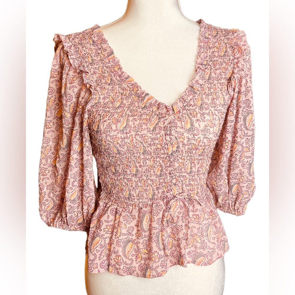 Pre-Owned Topshop Size 4 Blouse Pink Paisley Elastic Chest w/Balloon Sleeves